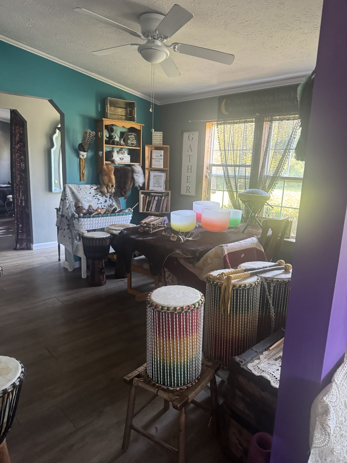 Sound healing instruments, bowls and drums at Divine Healing Corner